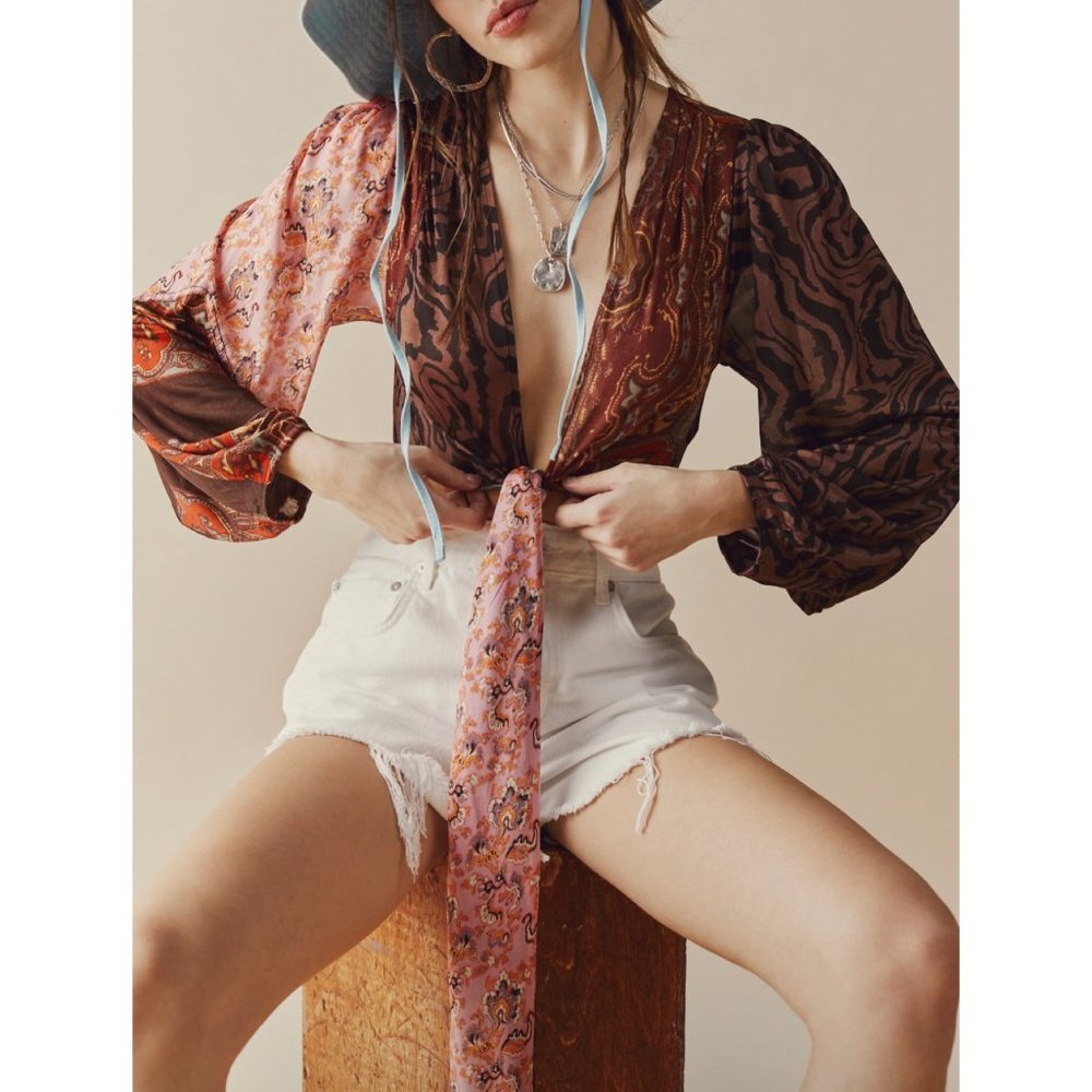 Free People Brown & Pink Mixed-Print Tie-Front Crop Top